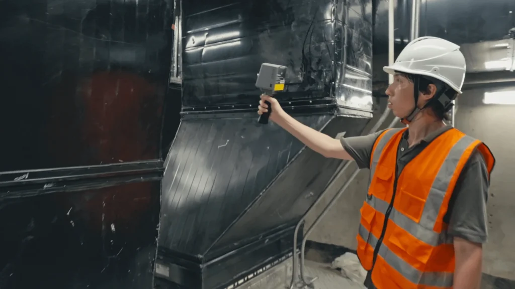 Using the FJD Trion P1 handheld LiDAR scanner for as-built documentation and BIM mapping of industrial HVAC systems in Saudi Arabia.