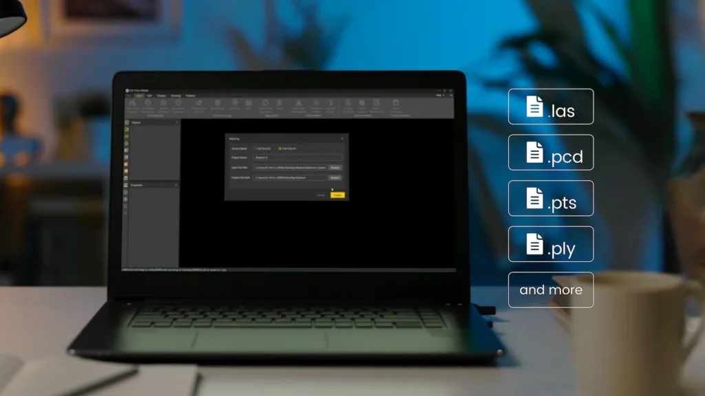 FJD Trion P1 handheld LiDAR scanner data export options including LAS, PCD, PTS, and PLY formats for universal 3D reality capture software compatibility.